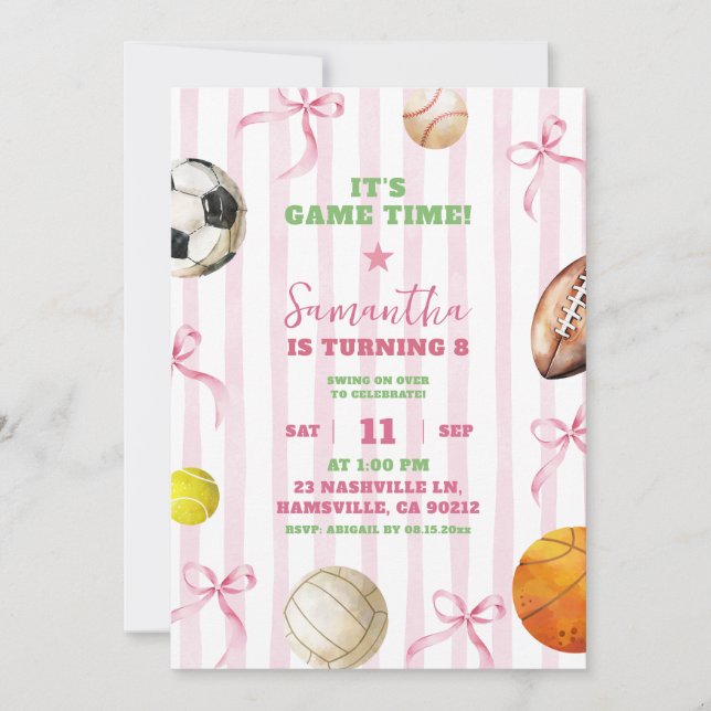 Pink Stripes Bow Girl Sports Game Time Birthday Invitation (Front)