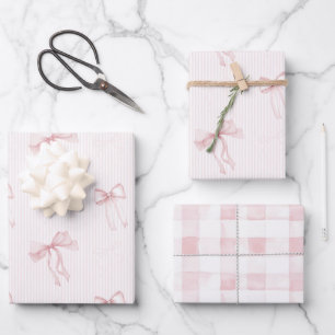 Pink Stripes Bows Plaid Stripes Birthday Wrapping Paper Sheet