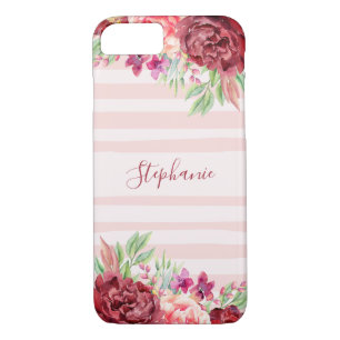 Pink Stripes Burgundy Floral Monogram iPhone 8/7 Case