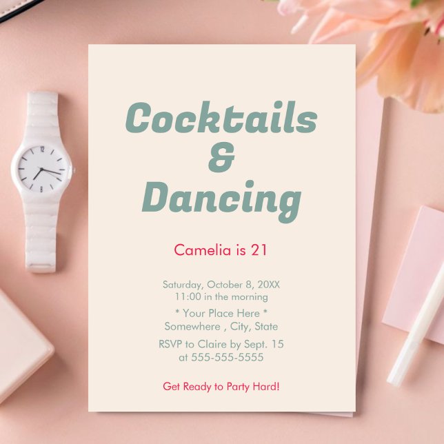 Pink Stripes Cocktails & Dancing  21st Birthday Invitation (Creator Uploaded)