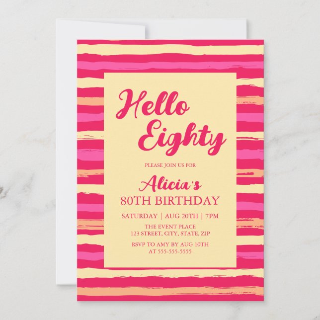 Pink Stripes Colourful Hello Eighty Girly Birthday Invitation (Front)