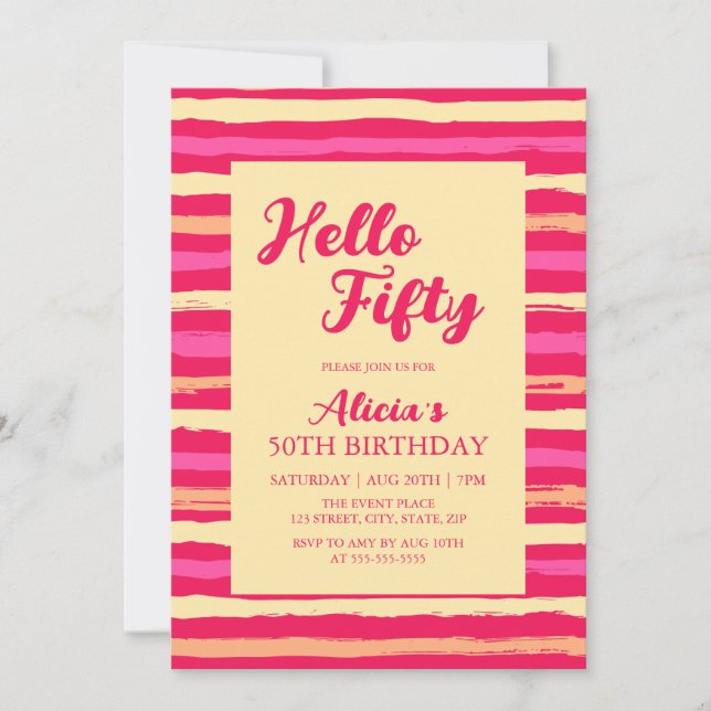Pink Stripes Colourful Hello Fifty Girly Birthday  Invitation (Front)
