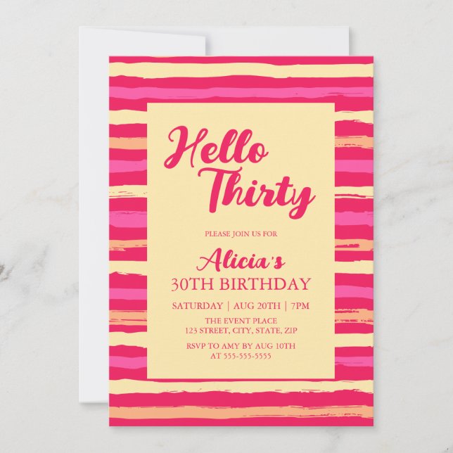 Pink Stripes Colourful Hello Thirty Girly Birthday Invitation (Front)