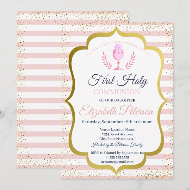 Pink Stripes Confetti First Holy Communion Invitation (Front/Back)