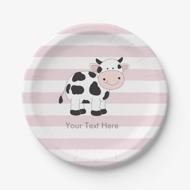 Pink Stripes Cow Party Paper Plates (Front)