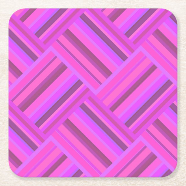 Pink stripes diagonal weave pattern square paper coaster (Front)