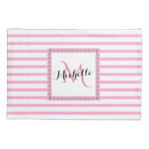 Pink Stripes Diamond Monogram | Modern Trendy Pillowcase