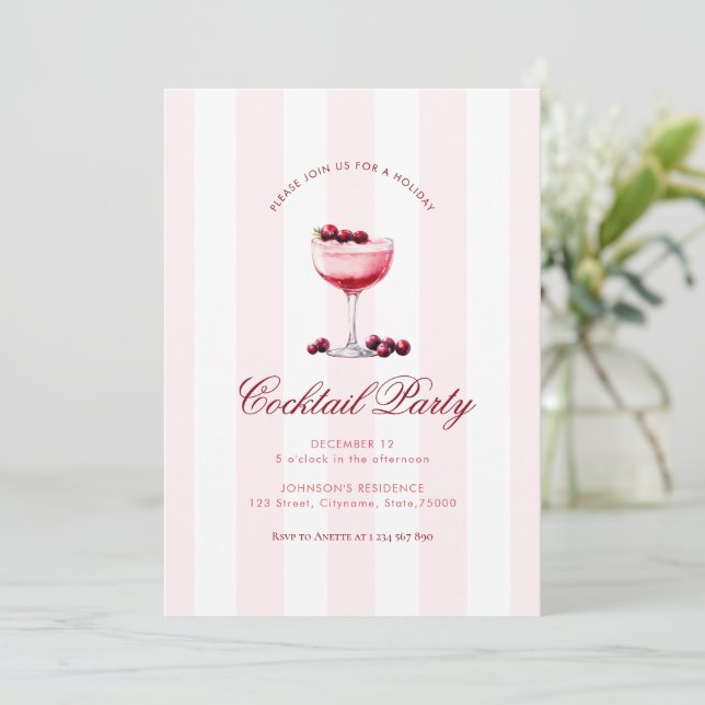 Pink Stripes Drink Theme Holiday Cocktail Party Invitation (Standing Front)