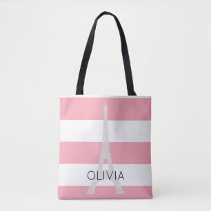 Pink Stripes Eiffel Tower Custom Name Tote Bag