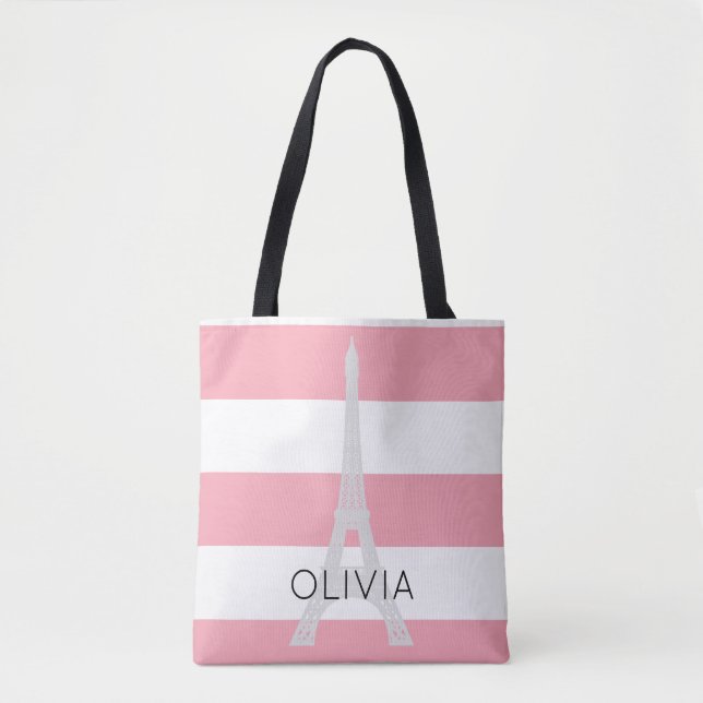 Pink Stripes Eiffel Tower | Custom Name Tote Bag (Front)