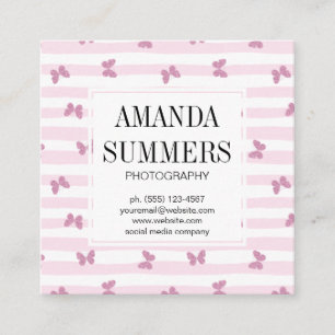 Pink Stripes Elegant Glitter Butterflies Square Business Card