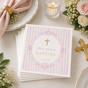 Pink Stripes Elegant Vintage Girl Baptism Napkin