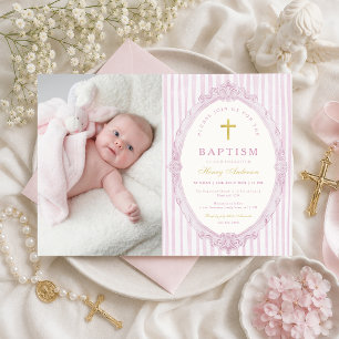 Pink Stripes Elegant Vintage Girl Baptism Photo Invitation