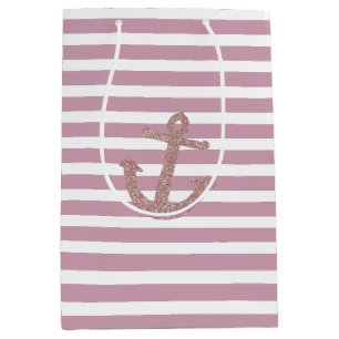 Pink Stripes Faux Glitter Anchor Medium Gift Bag