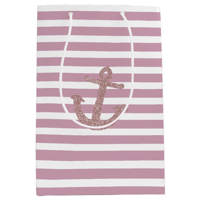 Pink Stripes Faux Glitter Anchor Medium Gift Bag (Front)