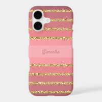 Pink Stripes Faux Gold Glitter Your Name
