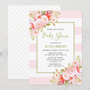 Pink Stripes Floral Baby Shower Invitation