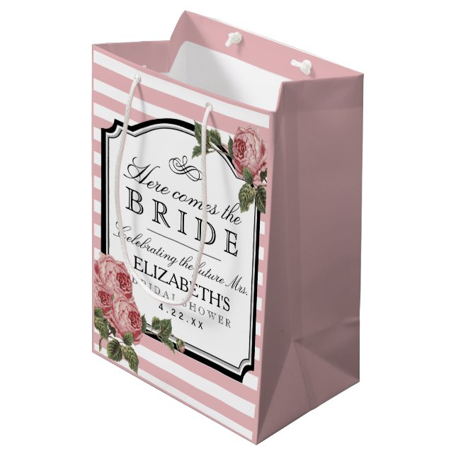 Pink Stripes Floral Bridal Shower Customise Colour Medium Gift Bag (Front Angled)