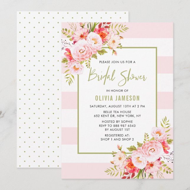 Pink Stripes Floral Bridal Shower Invitation (Front/Back)