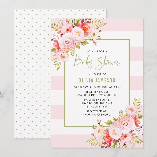 Pink Stripes Floral Bridal Shower Invitation (Front/Back)