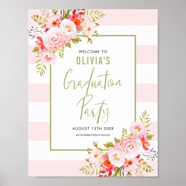 Pink Stripes Floral Graduation Welcome Sign (Front)