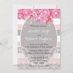 Pink Stripes Floral Lace wedding Invitation
