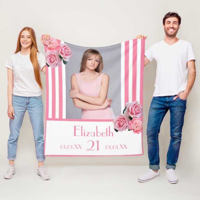 Pink stripes floral photo name 21st birthday fleece blanket (In Situ)