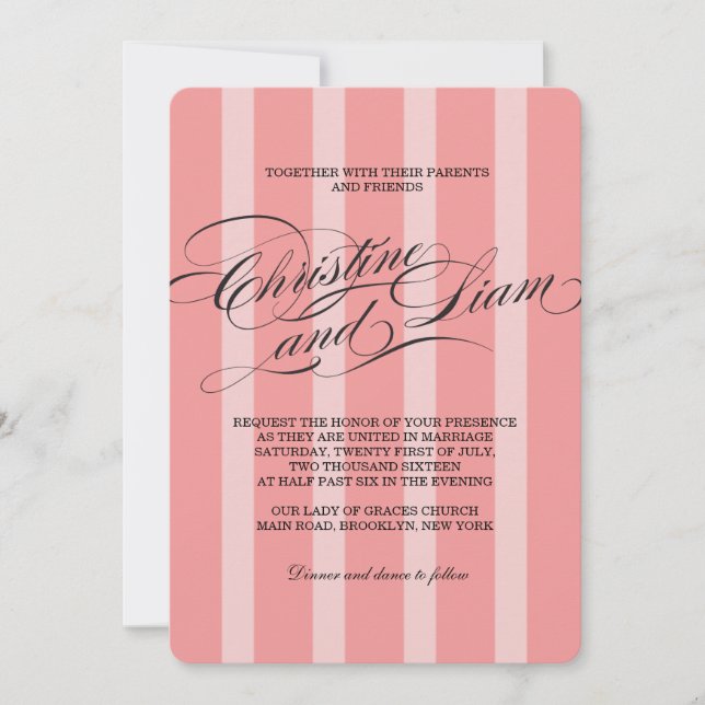 Pink Stripes Flourish Script Wedding Invitation (Front)