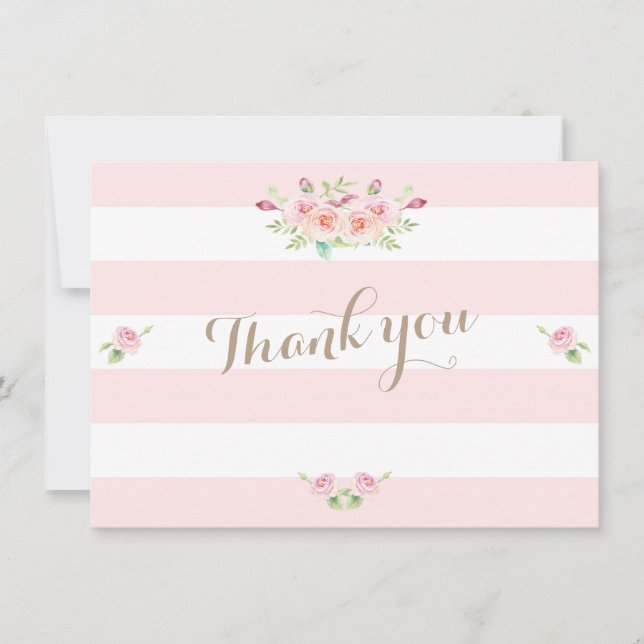 Pink Stripes Flowers Wedding Thank You (Front)