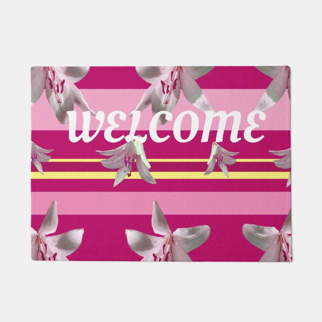 Pink Stripes & Flowers, Welcome Door Mat (Front)