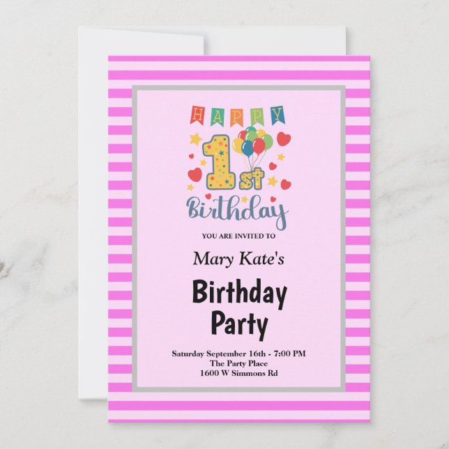 Pink Stripes Framed 1st Birthday Party Invitation (Front)