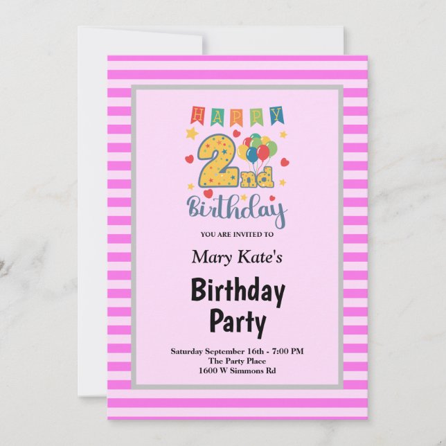 Pink Stripes Framed 2nd Birthday Party Invitation (Front)