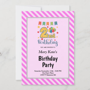 Pink Stripes Framed 2nd Birthday Party Invitation