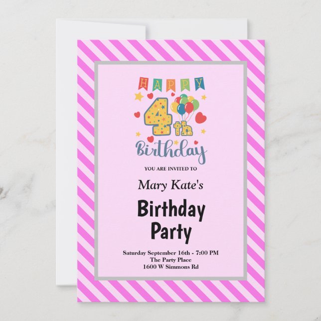 Pink Stripes Framed 4th Birthday Party Invitation (Front)