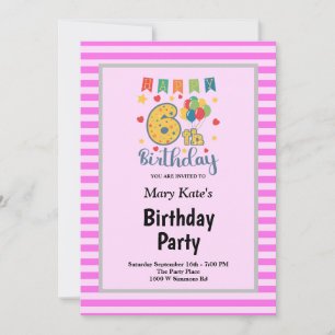 Pink Stripes Framed 6th Birthday Party Invitation