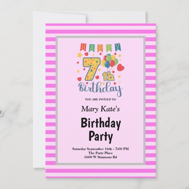 Pink Stripes Framed 7th Birthday Party Invitation (Front)