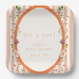 Pink Stripes Garden Floral Baby Shower Paper Plate