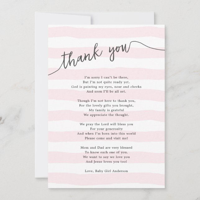 Pink Stripes Girl Baby Shower Poem Thank You Card (Front)
