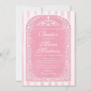 Pink Stripes Girl Spanish Bautizo Papel Picado Invitation