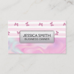 Pink Stripes Glitter Butterflies Business Card