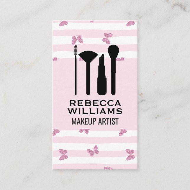 Pink Stripes | Glitter Butterflies | Makeup Set Business Card (Front)