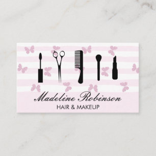 Pink Stripes   Glitter Butterflies   Makeup Tools Business Card