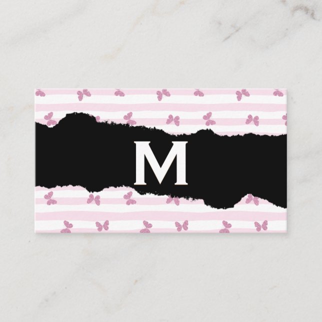 Pink Stripes | Glitter Butterflies | Monogram Torn Business Card (Front)