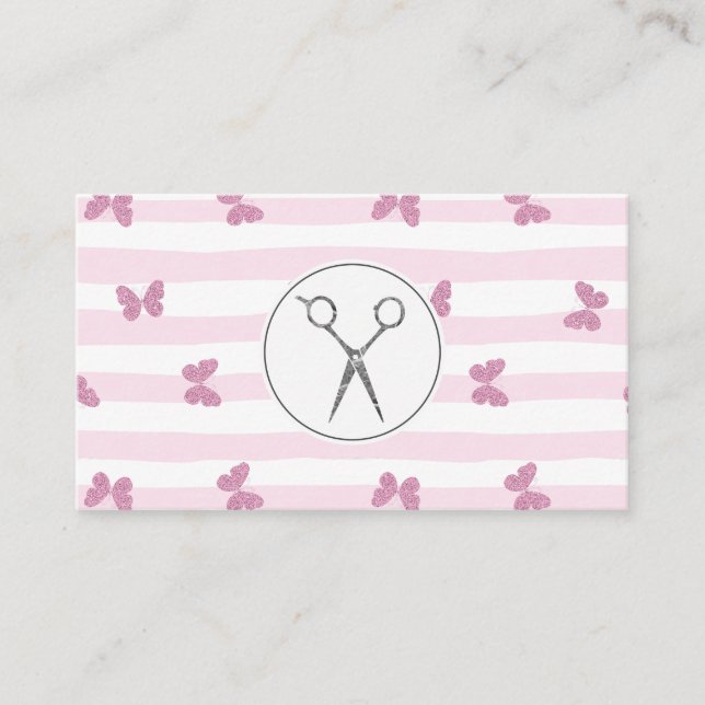 Pink Stripes | Glitter Butterflies | Salon Scissor Business Card (Front)