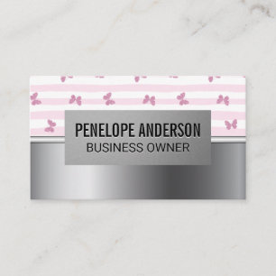 Pink Stripes Glitter Butterflies Silver Metal Business Card
