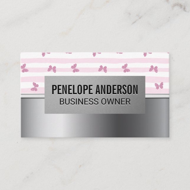 Pink Stripes | Glitter Butterflies | Silver Metal Business Card (Front)