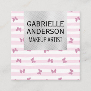Pink Stripes Glitter Butterflies Square Business Card
