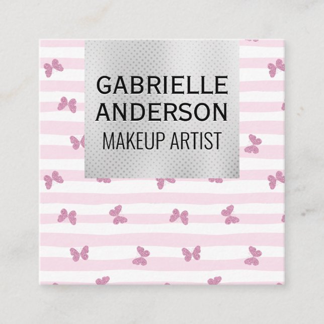 Pink Stripes | Glitter Butterflies Square Business Card (Front)