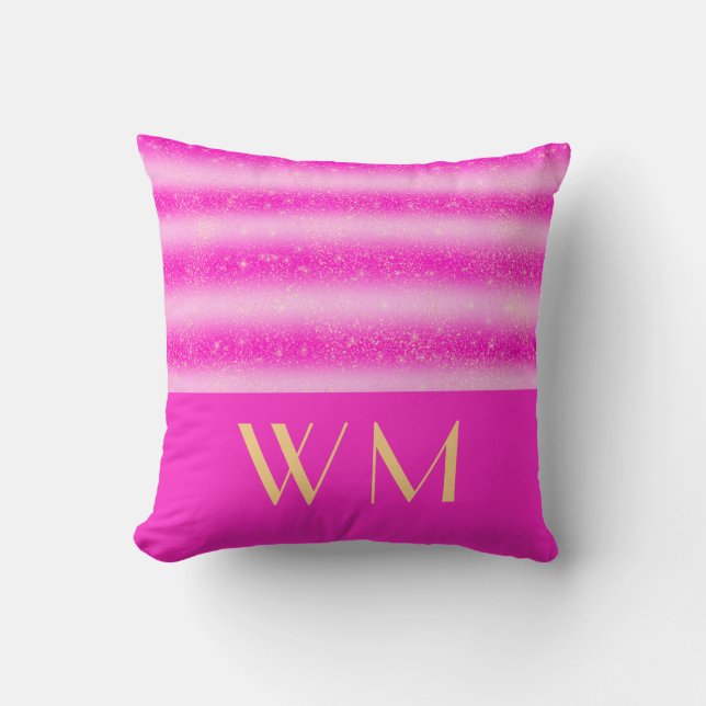 Pink Stripes Glitter Effect Monogram Cushion (Front)
