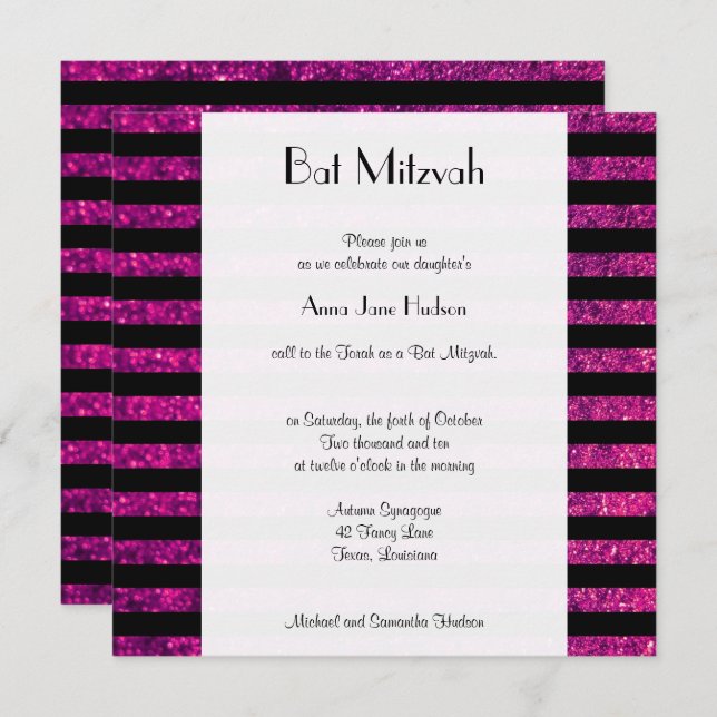Pink Stripes, Glitter Stripes, Lines, Bat Mitzvah Invitation (Front/Back)